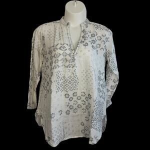 Dolma Women’s Double Gauze White Gray Block Print Tunic Blouse Cotton XL Cotton